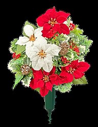 Poinsettia Holly Winter Greens Plain Pinecones Berries Bouquet - Artificial