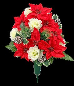 Double Bouquet with Red Poinsettia's White Roses Winter Greens and White-tipped Pinecones - Artificial